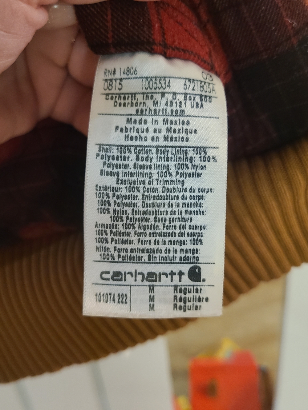 Carhartt Tan Hooded Work Jacket with Red Plaid Lining - Picture 4 of 8
